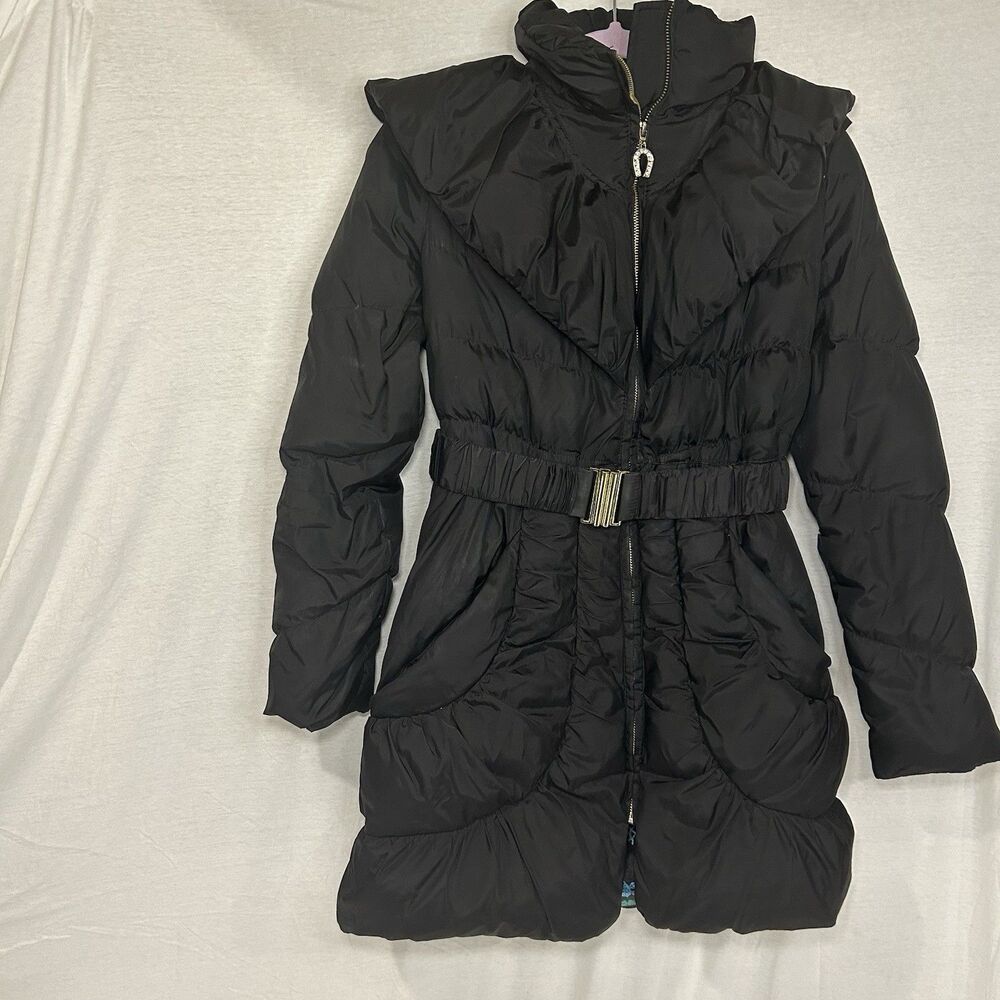 Betsey Johnson Black Down Puffer Quilted‎ Belted Jacket Coat Bling Size Small